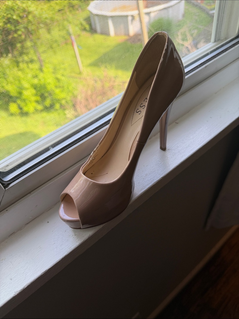 Guess Nude Patent Peep-Toe Stiletto Heel